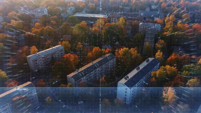 Animated targeting HUD overlays Riga&rsquo;s Soviet flats as drone lowers in autumn