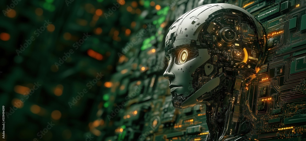 Poster futuristic humanoid robot head with intricate circuitry and glowing elements