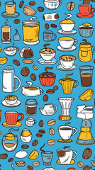 Colorful Pixel Art Coffee And Tea Pattern Background