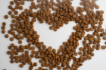 Dog and cat food in a bowl. Copy, space for text