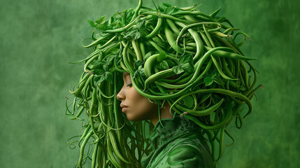 A woman stands in profile, showcasing a striking large hairpiece composed of various green plants and vines