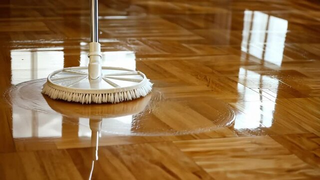 Cleaning wet wooden floor with mop reflecting light from a window, housekeeping.