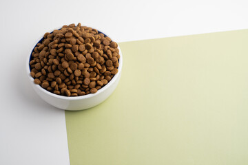 Dog and cat food in a bowl. Copy, space for text