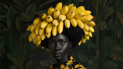 A woman poses gracefully against a rich green backdrop, showcasing a striking headdress made of ripe bananas