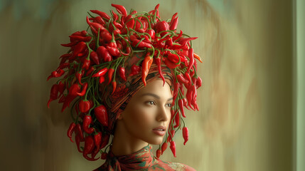 A woman gazes thoughtfully while wearing an elaborate headdress made of bright red chili peppers