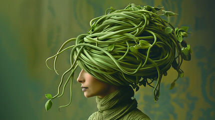 A model showcases a striking hairstyle made of lush green vines in an artistic indoor environment