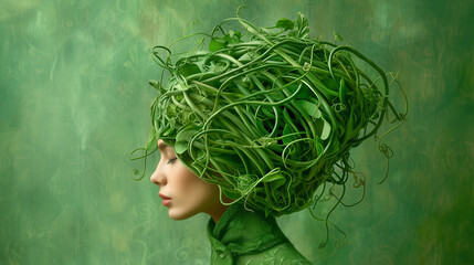 A woman stands in profile, showcasing an intricate headdress made of twisting green vines and leaves. The smooth green background highlights the organic theme and artistic presentation of nature