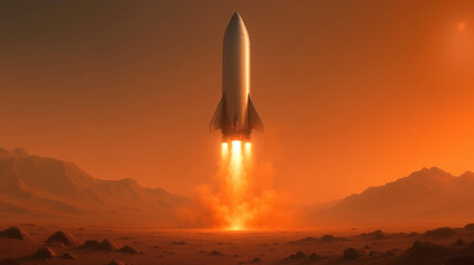 A rocket ascends from the Martian surface, propelling human colonization forward. The orange sky sets a dramatic backdrop, highlighting the ambitious exploration of the Red Planet