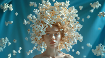A young individual poses with a stunning popcorn hairstyle that creates a playful yet artistic effect. The backdrop is a soft blue, enhancing the unique visual appeal of the creative concept