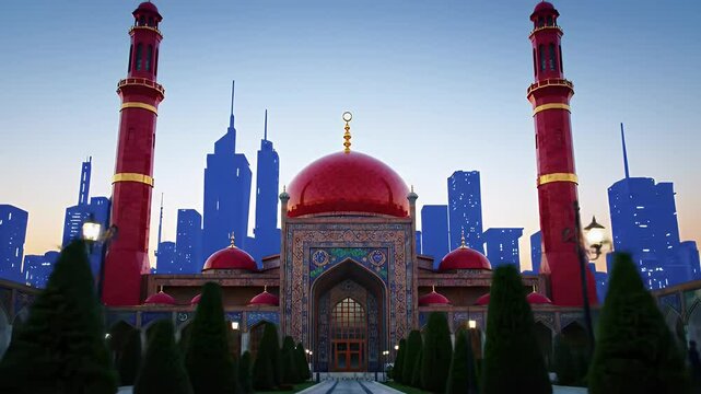 Pixelated Red Domed Mosque with Modern Skyscrapers at Dusk Render Architecture and Geometry