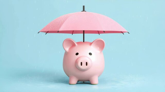 Pink piggy bank standing under pink umbrella on blue background symbolizing savings protection and security