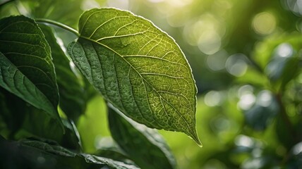 Extreme Close-Up of Green Leaf with Sunlight and Bokeh