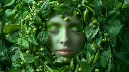 A tranquil figure with closed eyes emerges from a lush arrangement of leaves and peas. The setting exudes calmness, blending human form with nature in an artistic display