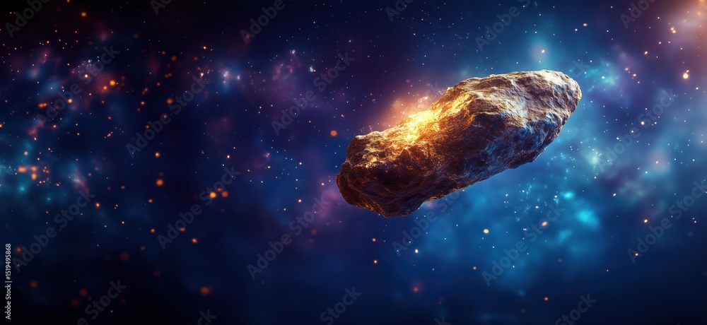 Poster asteroid floating in cosmic space with glowing elements and vibrant nebula background