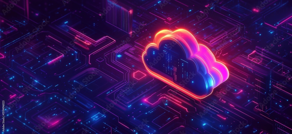 Poster futuristic cloud computing concept with neon colors and digital circuit background