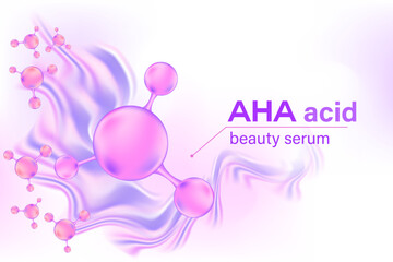 Light pink, purple AHA acid beauty molecule background, aesthetic bio molecular atom structure poster, liquid serum formula. Cosmetic product backdrop with copy space. skincare treatment banner