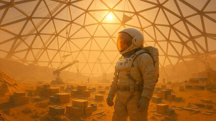 An astronaut stands inside a large geodesic dome on Mars, observing the beginning of habitat construction. The landscape is dusty and orange, with crates scattered around under a dusky sun