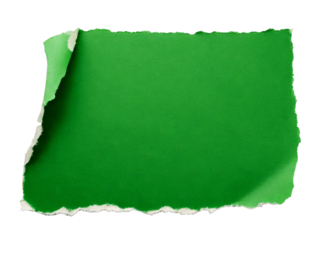 Green, natural, realistic, ripped paper sheet with a textured border and torn corner, perfect for HD presentations, digital design, creative projects, and background compositions with a handcrafted or