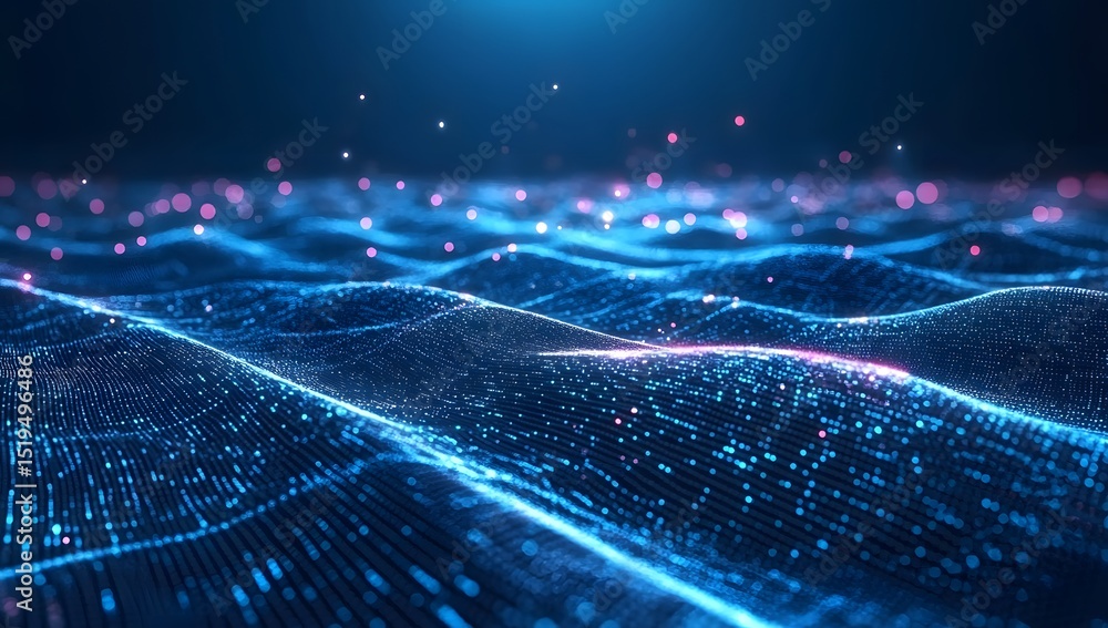 Poster abstract blue digital background with glowing dots and lines forming a landscape shape, representing