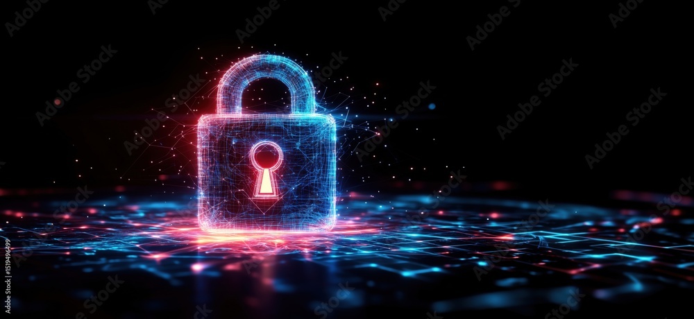 Poster digital padlock symbolizing cybersecurity and data protection in a futuristic environment