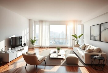 Bright, airy apartment living room with open windows, sunlight streaming in, modern furniture,  architecture,  family life
