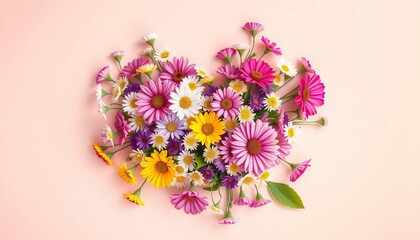 Fototapeta premium Bright spring flowers arranged in a heart shape on a pastel background, offer, floral