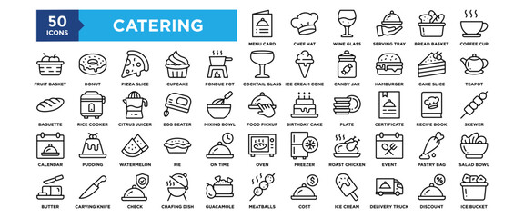 50 Catering icon set. Containing design restaurant, plate, service, food, table, event	
