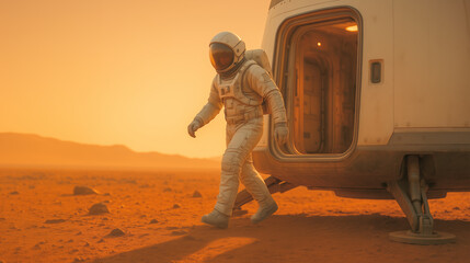 Astronauts step out of a spacecraft onto the red Martian surface, surrounded by rocky terrain and a striking orange sky at sunset. This marks a significant milestone in space exploration