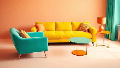 Bright yellow sofa, turquoise armchair, orange side table, flat design,  colorful,  furniture