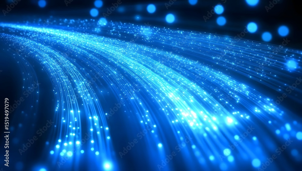 Poster abstract blue digital background with glowing dots and lines forming a landscape shape, representing