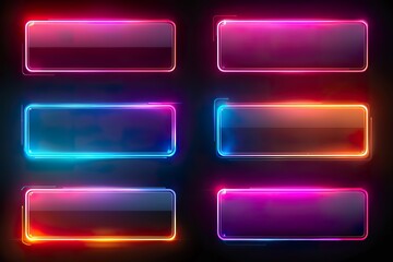 Set of glowing neon color rectangles with gradient fills and overlapping dynamic lines isolated on black background technology concept. Rectangular light frame border.