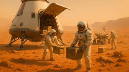 Astronauts in spacesuits carefully unload cargo boxes from a spacecraft on Mars' reddish surface, demonstrating the early stages of colonisation and scientific exploration on the distant planet