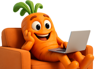Happy Carrot Character Relaxing with Laptop Digital Illustration