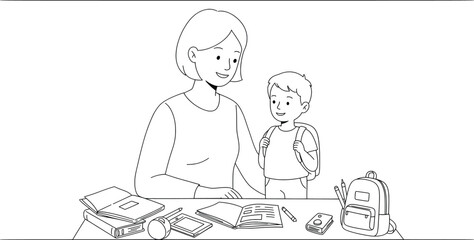 Back to School Vector Illustration of Mother and Son Preparing for Classes