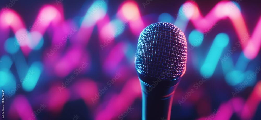 Poster microphone in front of colorful bokeh lights creating vibrant atmosphere for performances