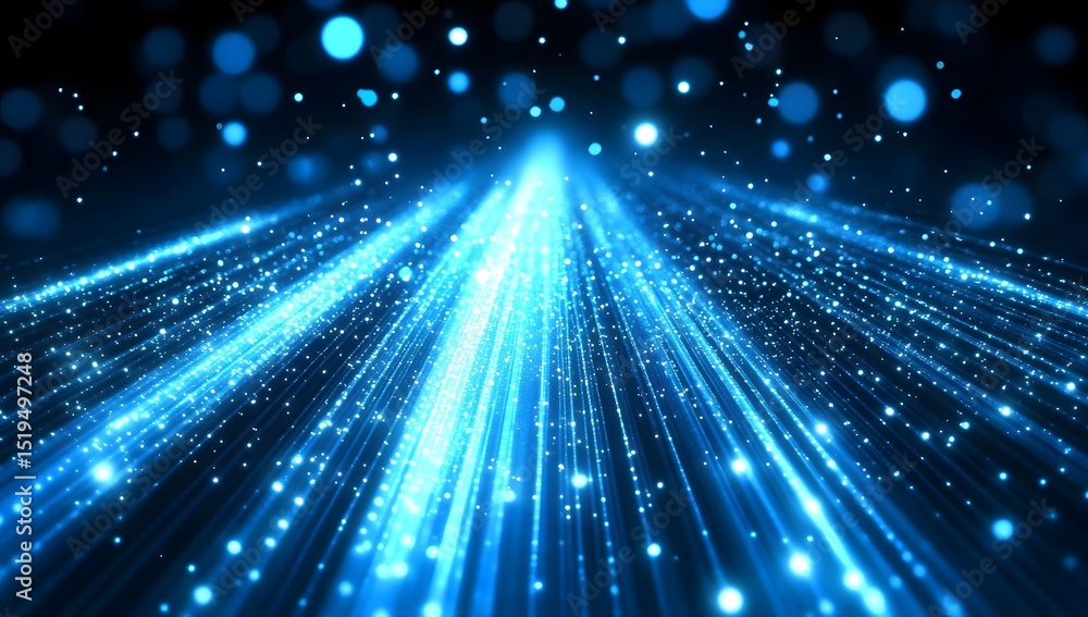 Poster abstract blue digital background with glowing dots and lines forming a landscape shape, representing