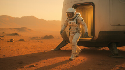 An astronaut steps out of a habitat module on the surface of Mars, surrounded by orange dust and rugged terrain under a dim sky, illustrating prospects for human settlement