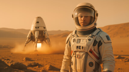 An astronaut stands on the reddish surface of Mars, observing a spacecraft lifting off in the background. Dust clouds rise as it embarks on its journey