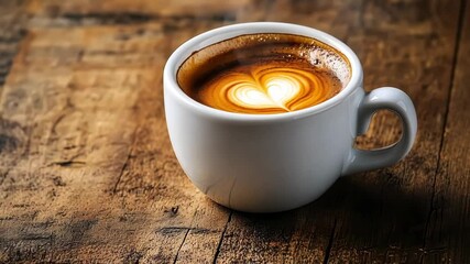 Freshly brewed cappuccino with creamy heart-shaped latte art in a white cup placed on a rustic wooden surface. - Powered by Adobe