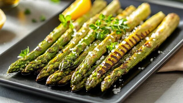 Tender grilled asparagus garnished with coarse salt and fresh herbs served on a dark rectangular plate with lemon in background.