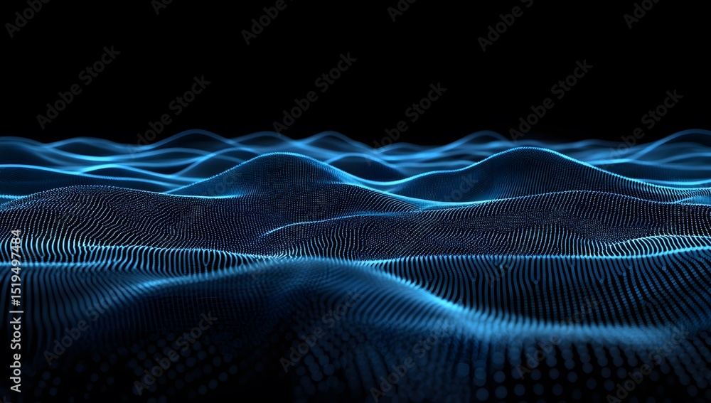 Poster abstract blue digital background with glowing dots and lines forming a landscape shape, representing