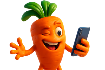 Smiling Carrot Character Using Smartphone Fun Digital Illustration