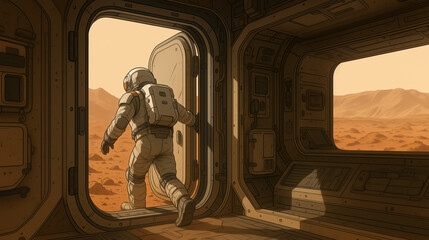 An astronaut steps out of a habitat module onto the Martian terrain, ready to explore the uncharted landscape bathed in orange hues. Discoveries await in this harsh environment