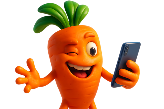 Smiling Carrot Character Using Smartphone Fun Digital Illustration