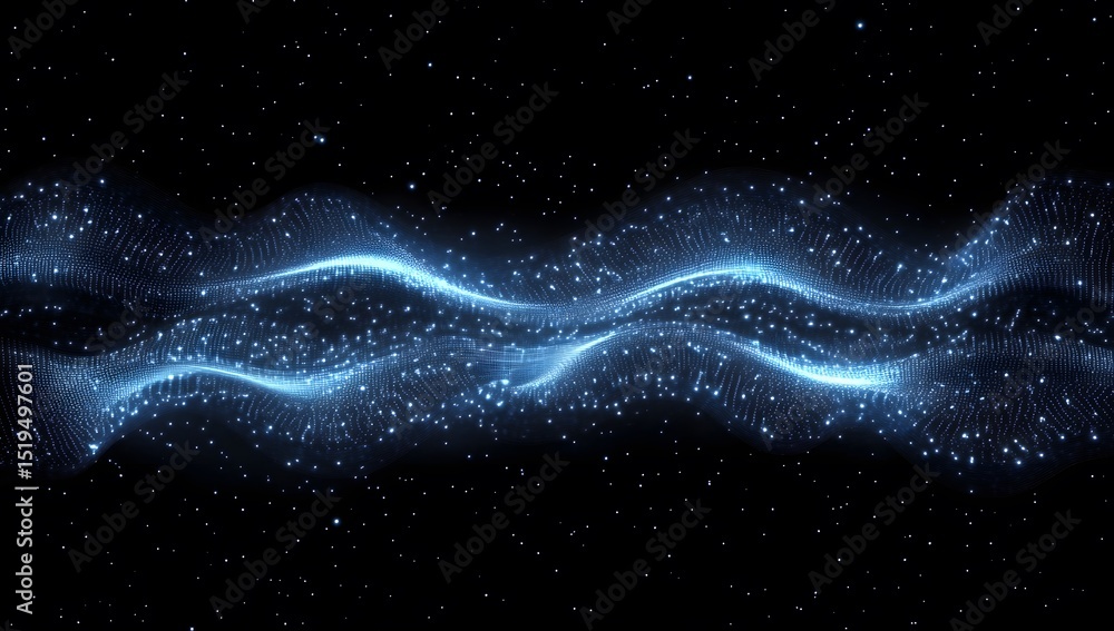 Poster abstract blue digital background with glowing dots and lines forming a landscape shape, representing