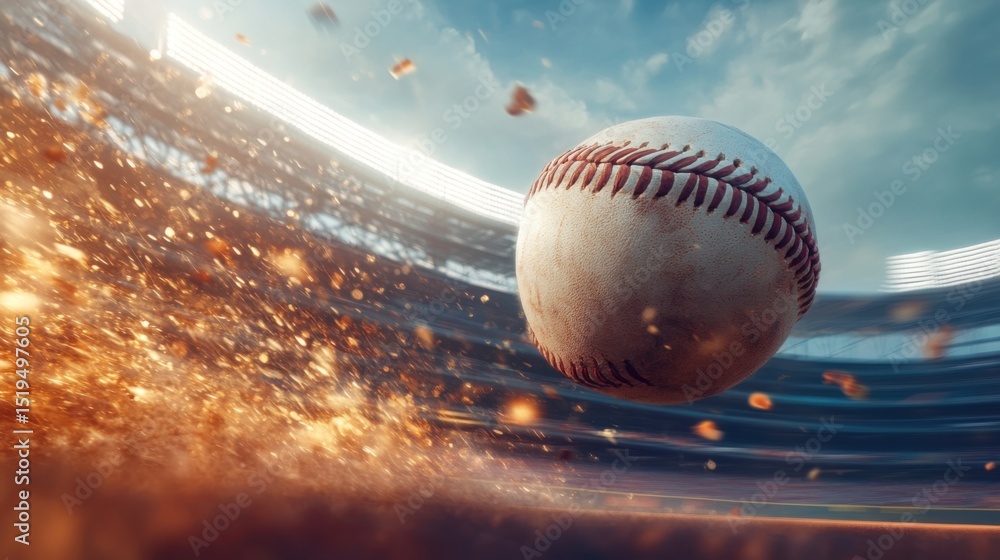 Poster dynamic baseball action shot captures high speed flight with arena background