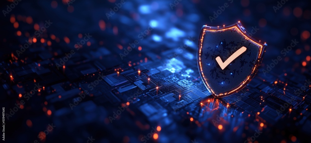 Poster digital security shield with check mark symbolizing cybersecurity protection and trust