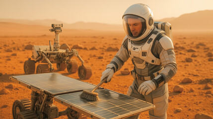 An astronaut conducts maintenance on a rover's solar panels on the Martian surface, ensuring proper functionality for ongoing exploration. The scene highlights the challenges of colonizing Mars