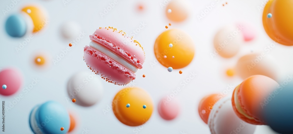Poster colorful macarons floating in air with vibrant background and playful design elements