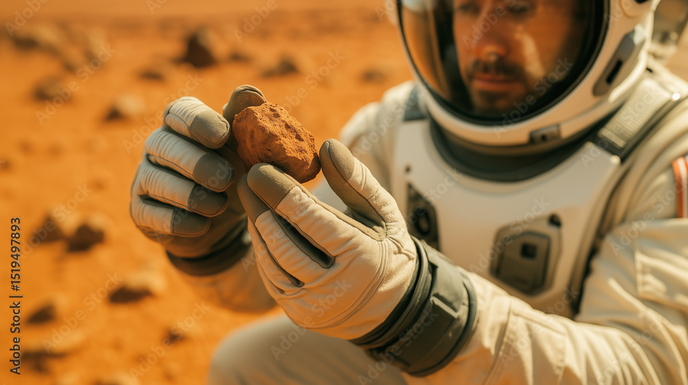 Aufkleber astronaut conducts soil analysis on the surface of mars, examining a rock sample while surrounded by